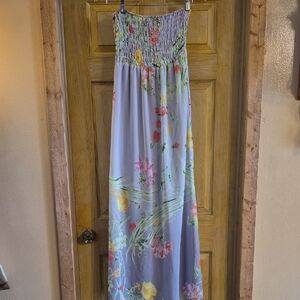 Old Navy Strapless Rusched Bodice Gray Floral Maxi Dress Medium Green Yellow Red
